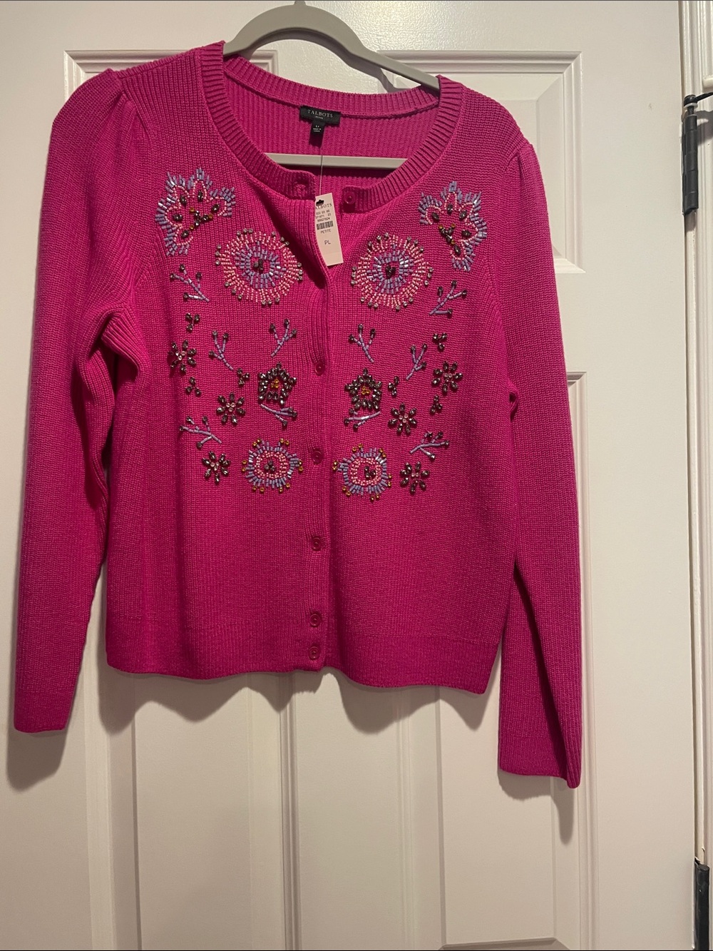 Talbots Fuchsia Pink Beaded Floral Crewneck Cardigan